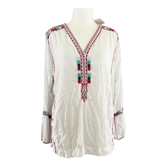 Johnny Was Ybom Aztec Velvet Embroidered Tunic Womens Small White Red Blue - Picture 1 of 9